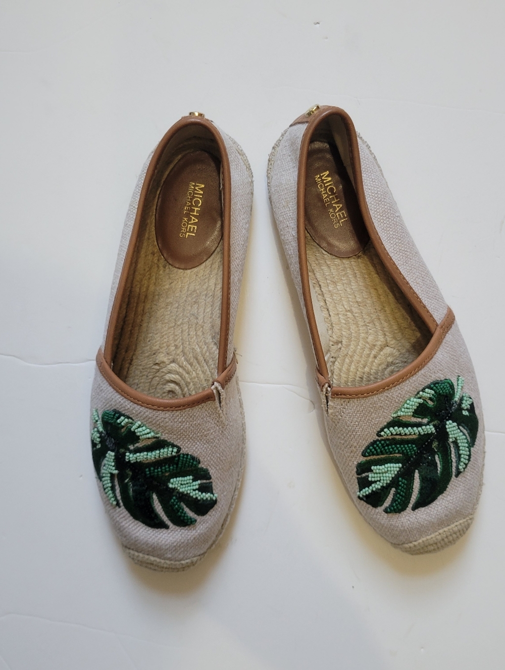 Michael Kors Kendrick Beaded Palm Leaf Flat Espadrilles Boho Tropical Summer - Picture 3 of 7